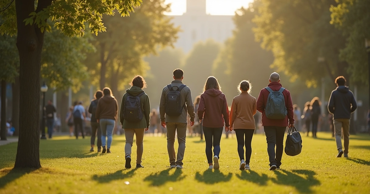 Pessoas caminhando em um parque, interagindo e observando ao redor