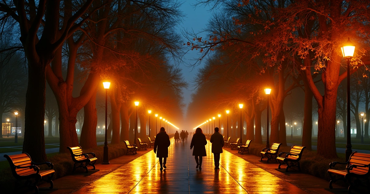 Pessoas caminhando à noite em parque iluminado por postes de luz