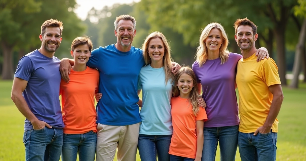 Adultos e crianças com camisetas dry-fit coloridas em evento ao ar livre 