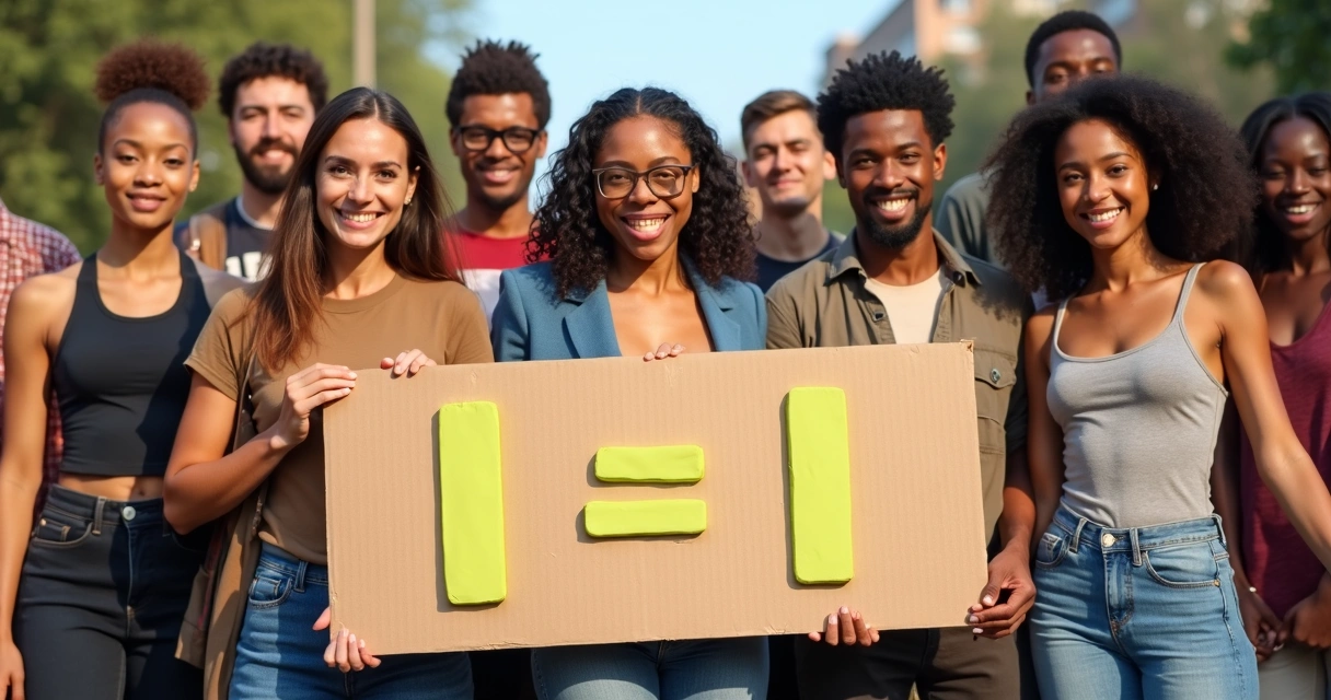 Grupo diverso de pessoas sorrindo, segurando cartaz da campanha I=I