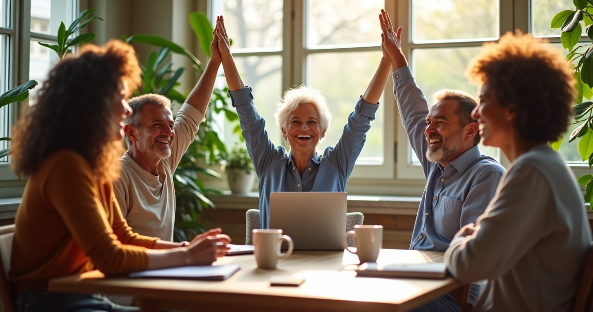 Grupo de pessoas comemorando e sorrindo em ambiente iluminado 