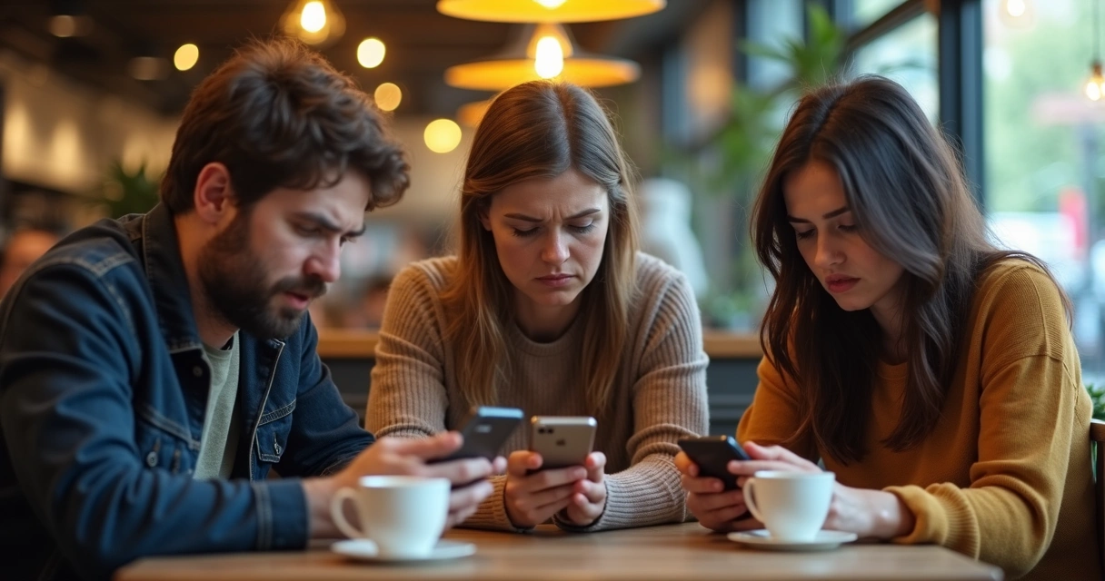Três pessoas em um café, cada uma focada em seu celular, expressão séria e ambiente com luz suave 