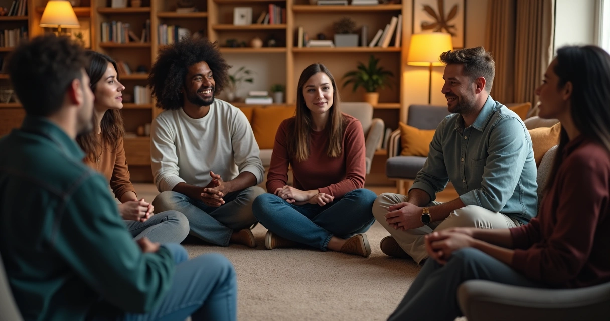 Grupo de pessoas sentadas em círculo conversando em um ambiente iluminado 