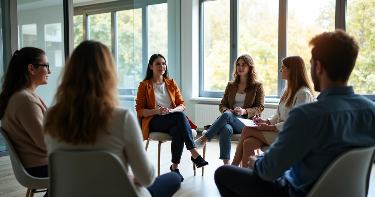 Grupo de profissionais em roda discutindo com expressão de confiança 
