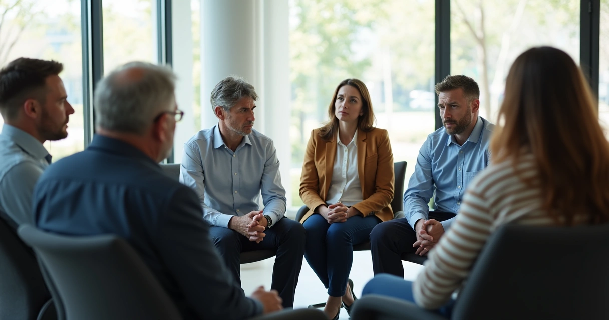 Grupo de pessoas em círculo, olhando para o chão, em ambiente claro de reunião
