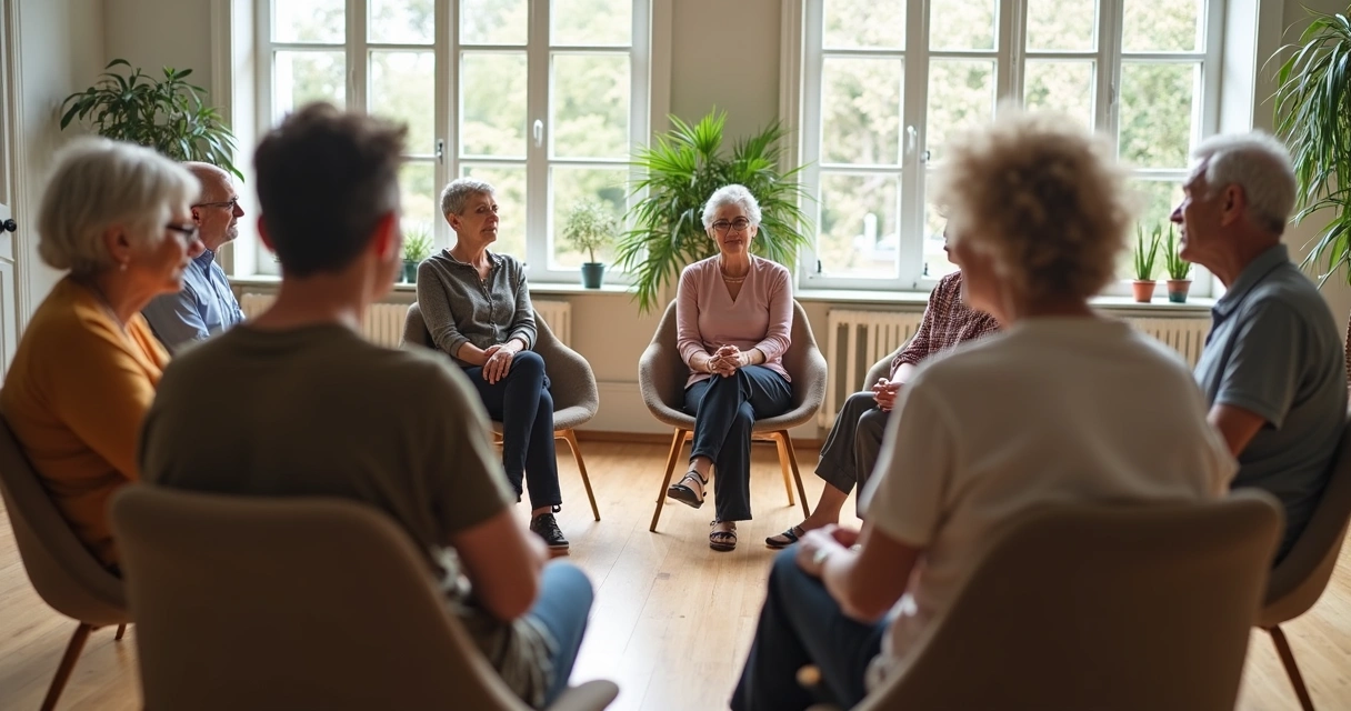 Grupo de pessoas sentadas em círculo em uma sala iluminada por luz natural