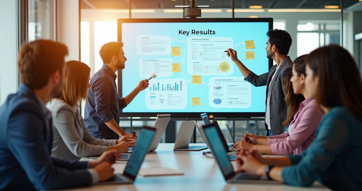 Equipe colaborando e analisando Key Results 