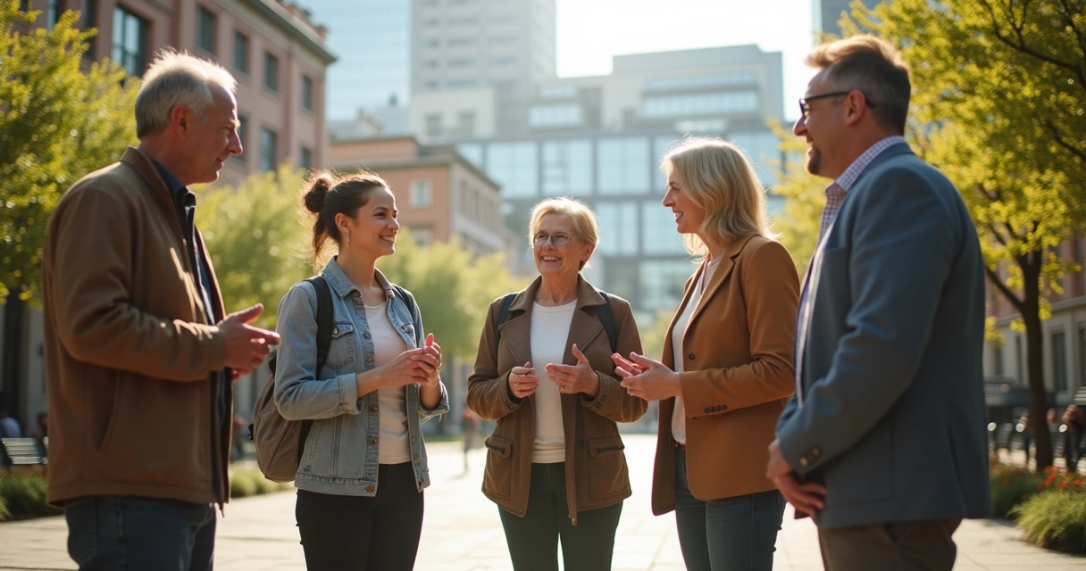 Grupo de pessoas diferentes colaborando em ambiente urbano 