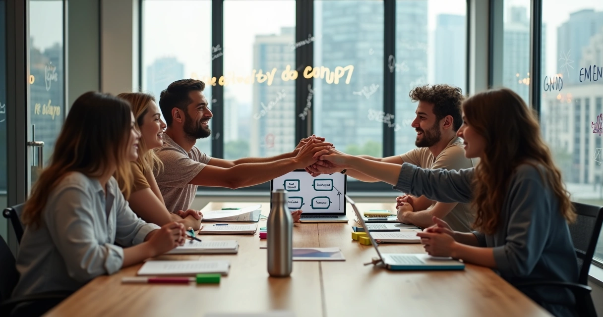 Grupo diverso de pessoas colaborando ao redor de uma mesa em ambiente urbano moderno 