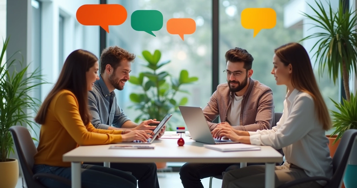 Grupo de pessoas usando dispositivos com conversas em diferentes idiomas 