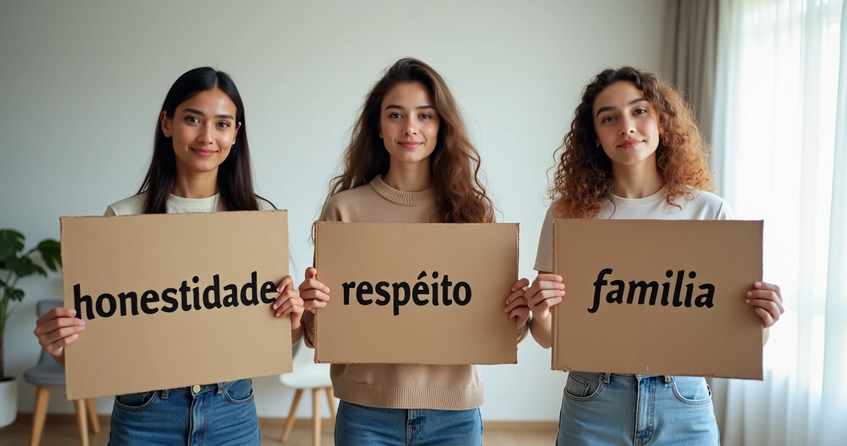 Três pessoas em pé segurando cartazes com palavras relacionadas a valores pessoais. 