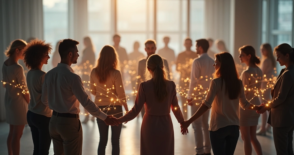 Grupo de pessoas com fios transparentes conectando uns aos outros 