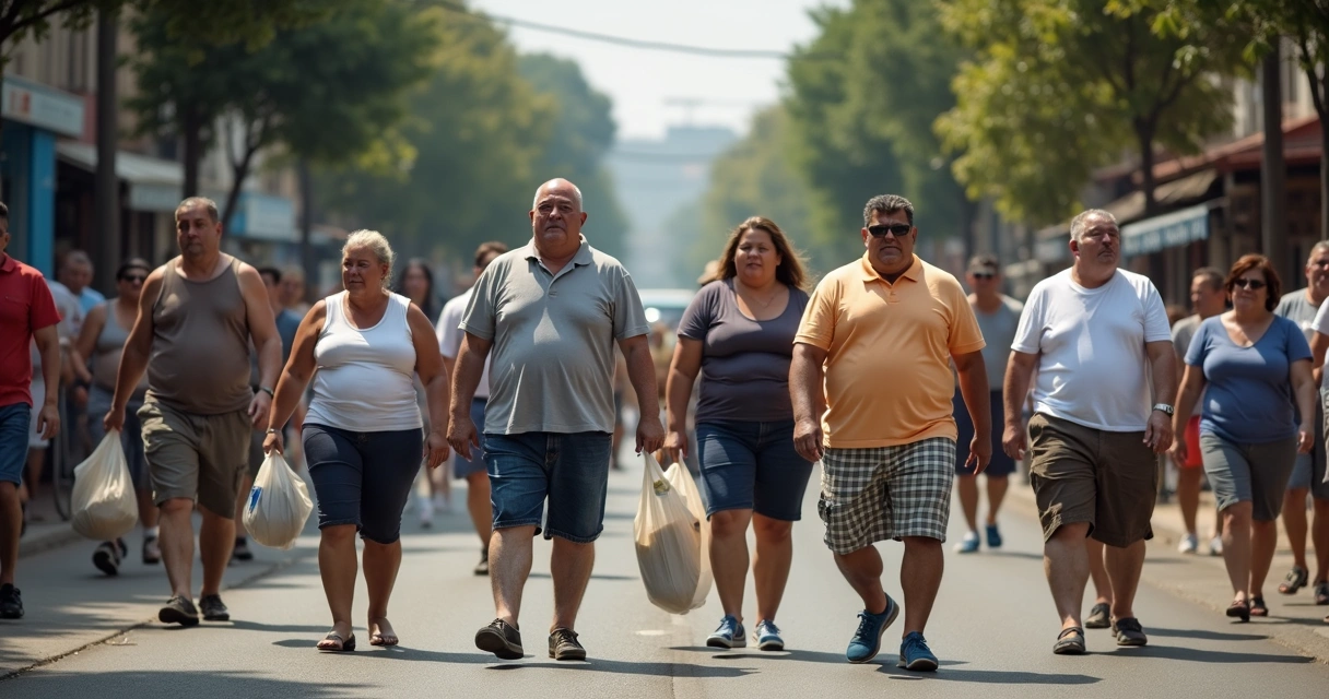 Diversas pessoas com diferentes corpos, incluindo pessoas obesas, andando em uma rua movimentada de cidade. 