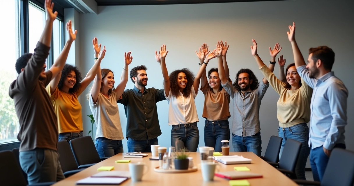 Grupo diversificado de pessoas comemorando uma conquista coletiva