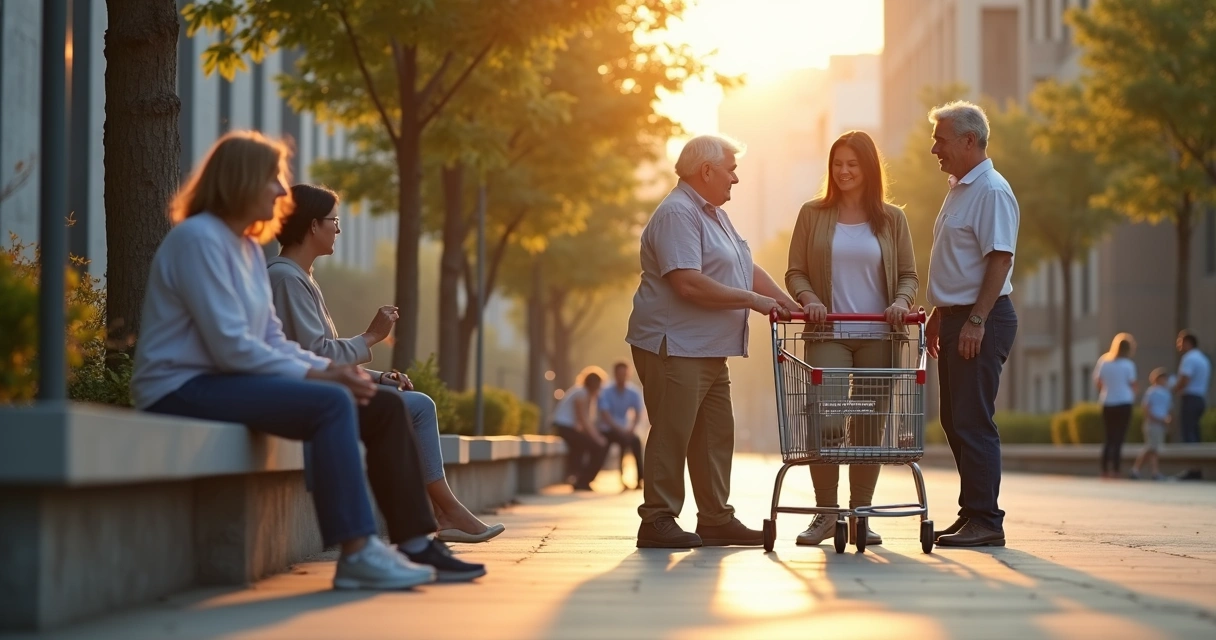 Grupo diverso de pessoas praticando compaixão ativa em ambiente urbano ao ar livre 