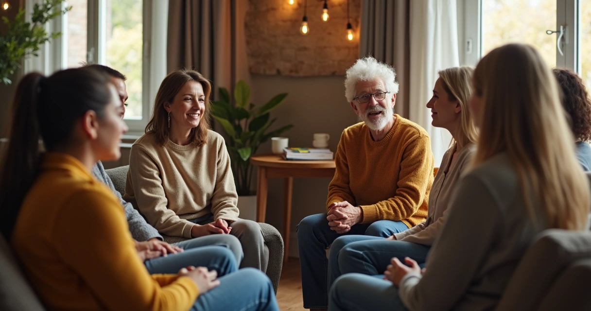 Grupo de pessoas sentadas em círculo trocando experiências 