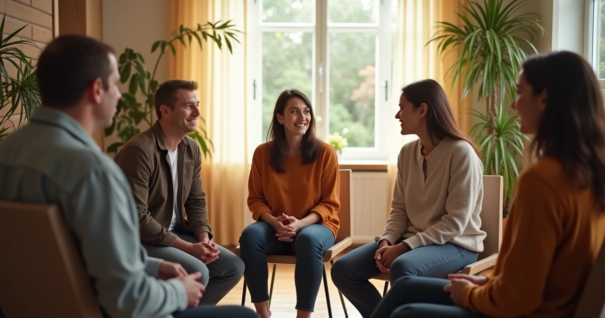 Grupo de pessoas sentadas em círculo, compartilhando emoções e ouvindo ativamente. 