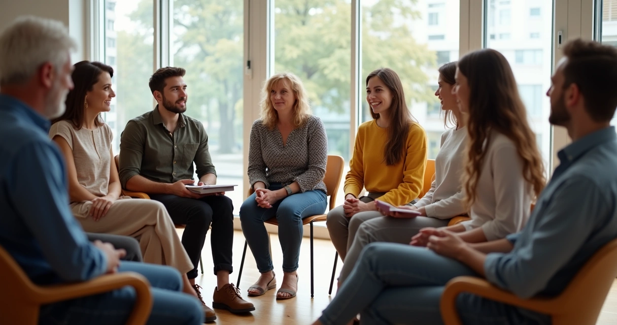 Grupo sentado em círculo conversando em sala iluminada 
