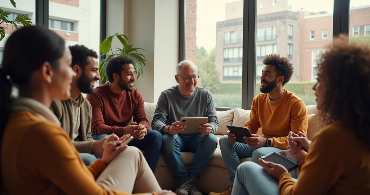 Grupo de pessoas sentadas em círculo compartilhando histórias