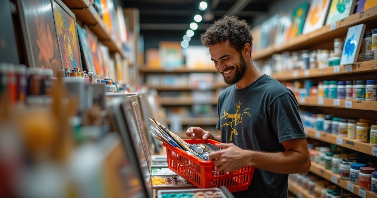 Jovem comprando material para pintar quadro em loja de arte 