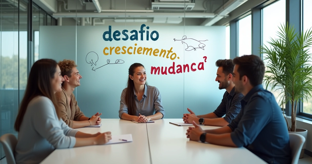 Pessoas diversas conversando em reunião com expressões de atenção 