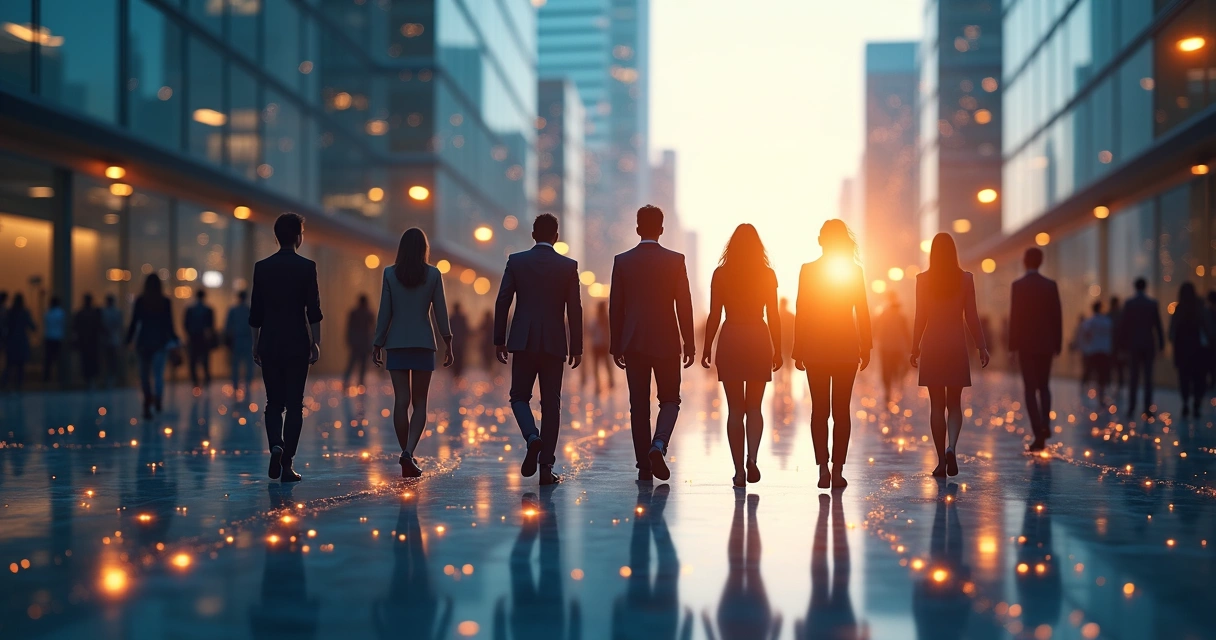 Várias pessoas caminhando em uma cidade moderna, com linhas e pontos luminosos simbolizando conexões entre elas. 