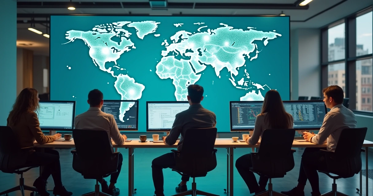Diversas pessoas conectadas em computadores com tela mostrando mapas e ícones de rede internacional 