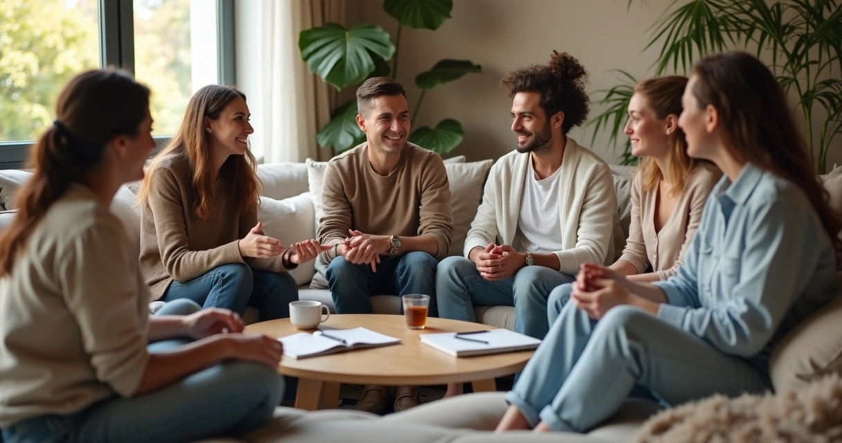 Grupo diverso em roda conversando e sorrindo em ambiente acolhedor 