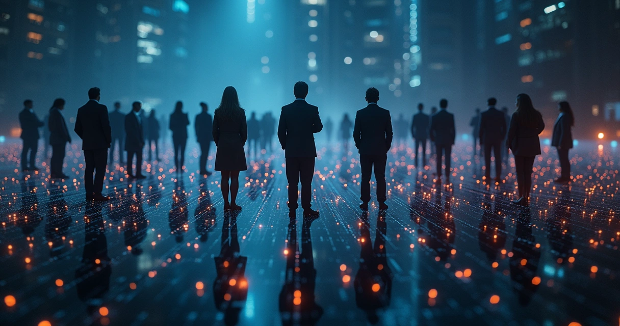 Grupo de pessoas conectadas visualmente por linhas 