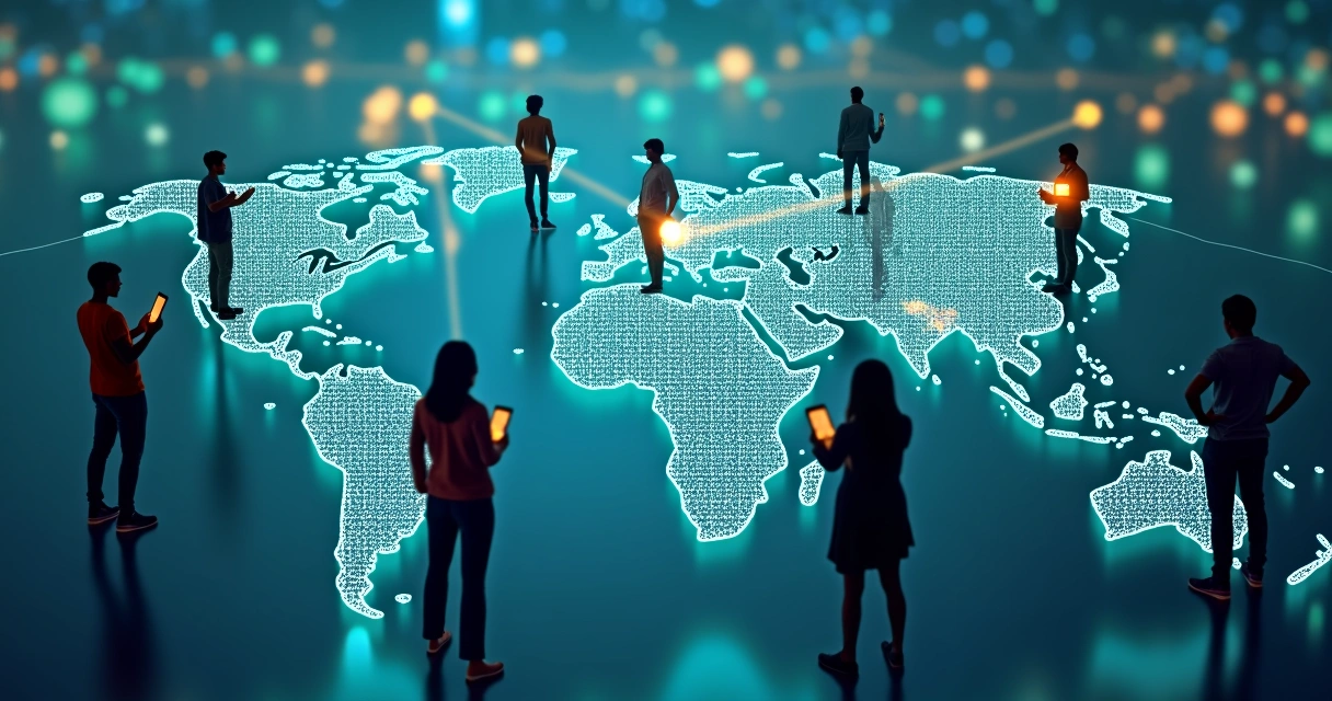 Desenho de pessoas de diferentes culturas interagindo em um mapa com conexões digitais