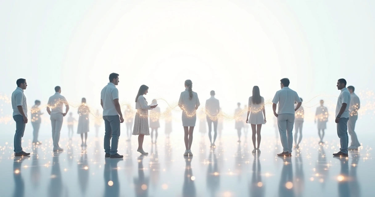 Grupo de pessoas conectadas por linhas simbólicas em espaço claro 