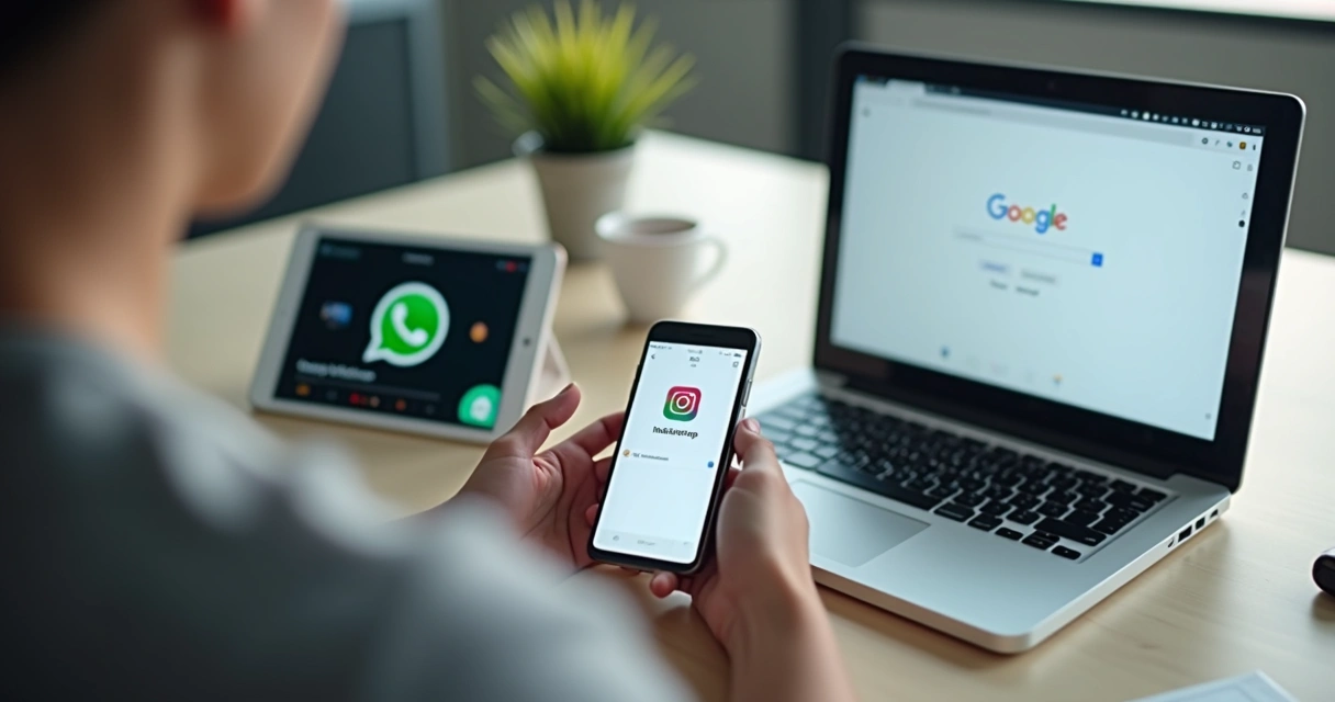 Pessoa recebendo alertas em Google, Instagram e WhatsApp em dispositivos diferentes 