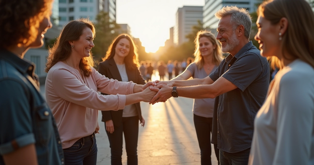 Grupo diverso de pessoas em roda na rua unindo as mãos em gesto de confiança 