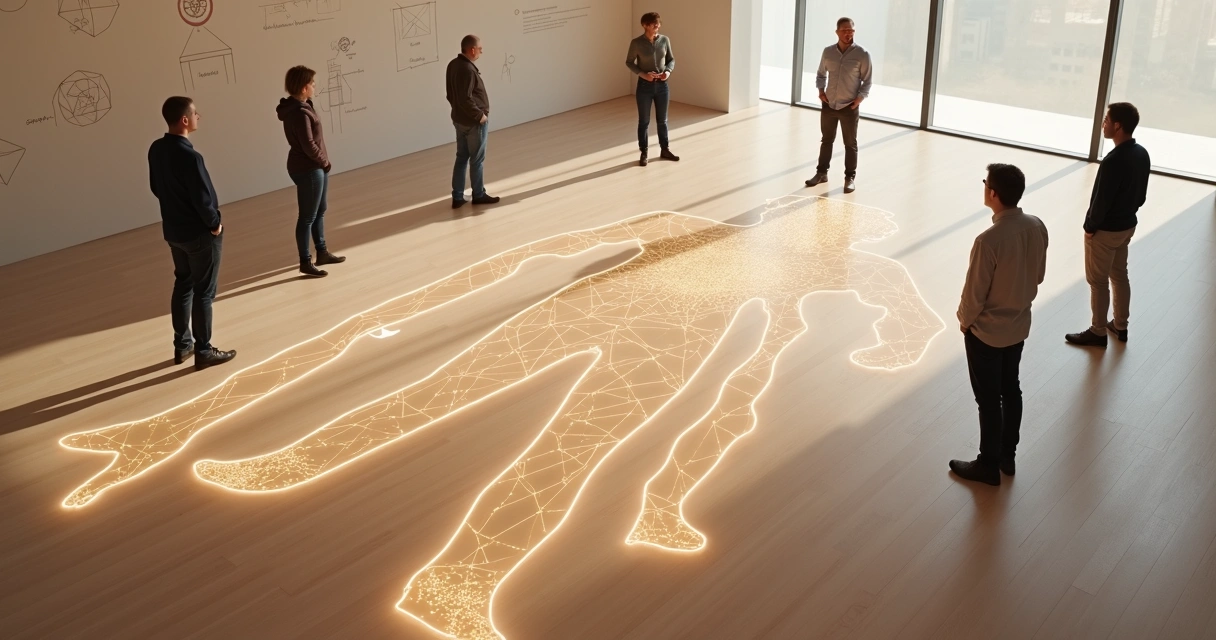 Grupo em pé ao redor de labirinto iluminado em formato humano 