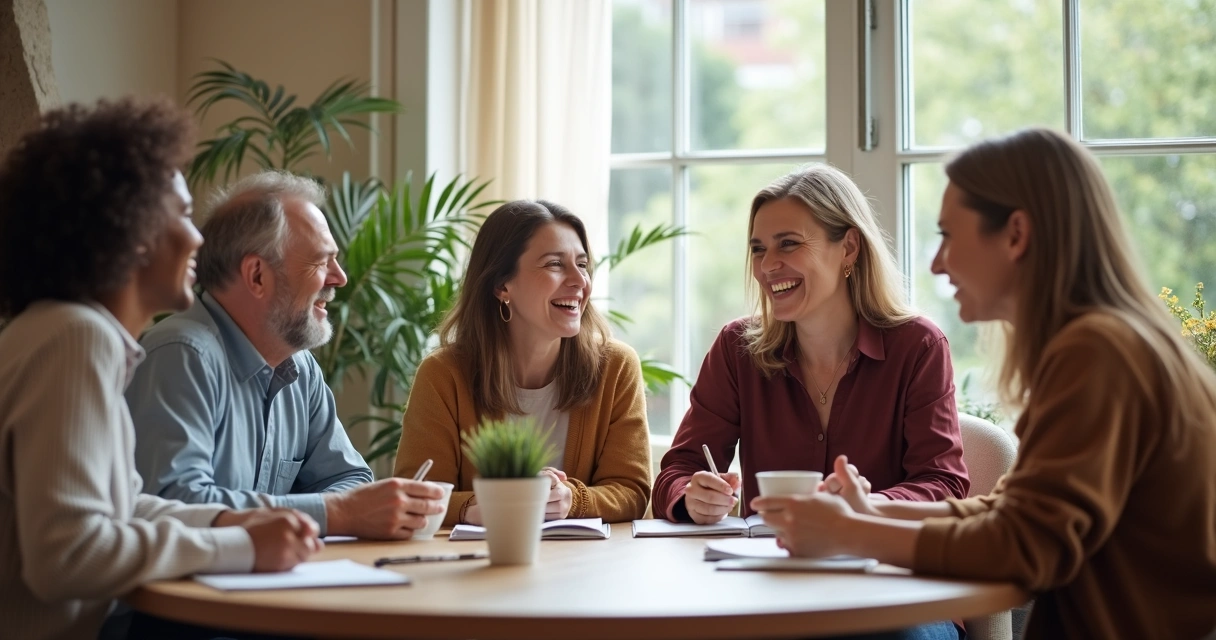 Grupo de pessoas sorrindo e conversando em volta de uma mesa, expressando apoio mútuo e celebração