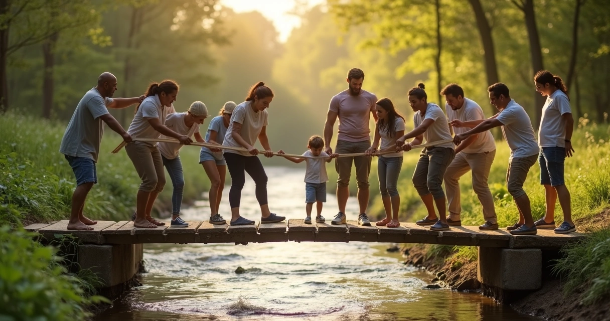 Grupo de pessoas em um espaço aberto construindo juntos uma ponte simbólica de madeira entre dois lados separados. 