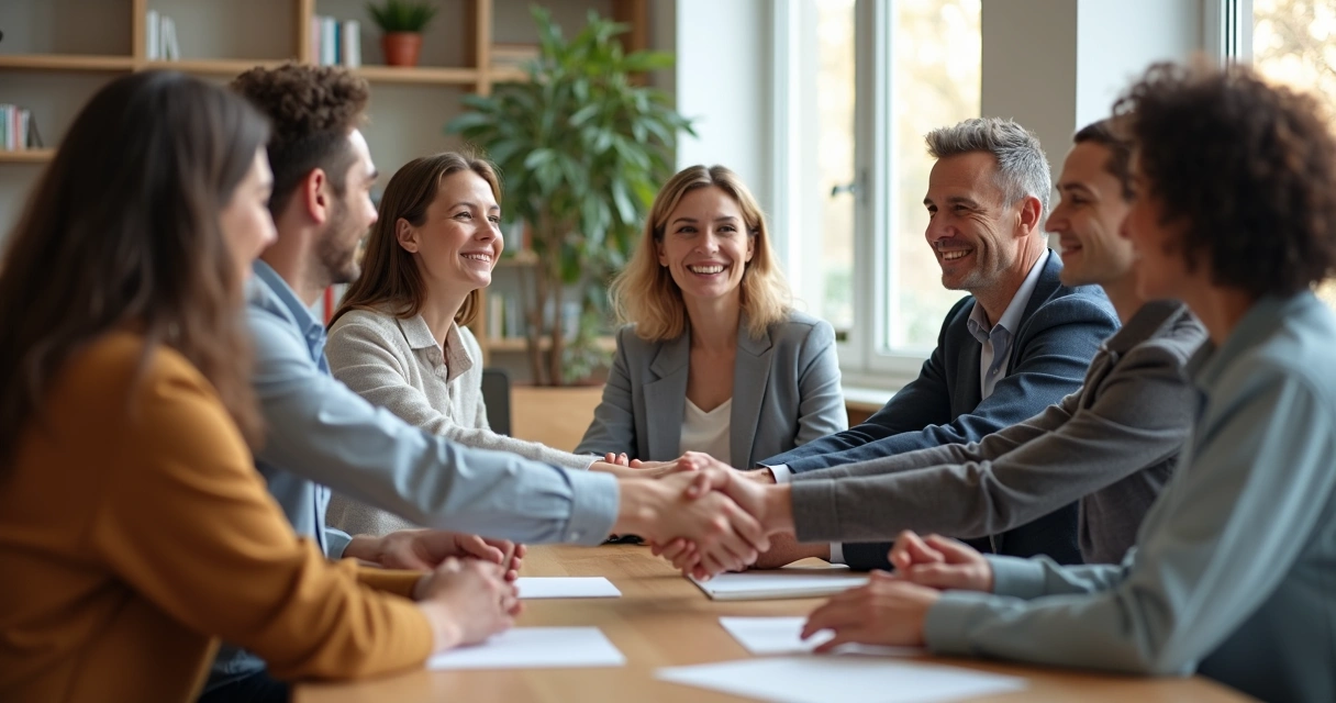 Grupo diverso sentado em roda apertando as mãos em gesto de confiança 