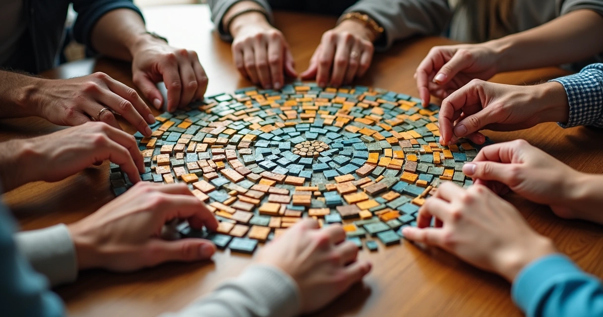 Mãos diferentes montando mosaico colorido em formato de círculo 