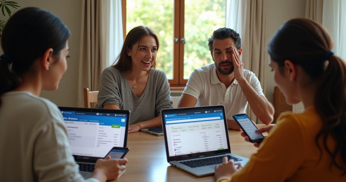 Grupo de brasileiros olhando celular e computador consultando restituição IR 
