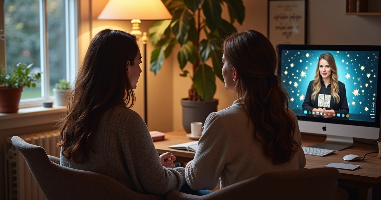 Duas pessoas olhando tela de computador em consulta de tarot online, em ambiente acolhedor.