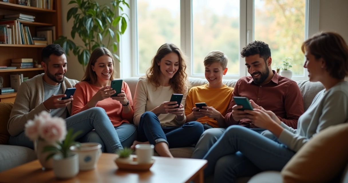 Grupo de pessoas interagindo harmoniosamente com seus aparelhos digitais em um ambiente aconchegante 