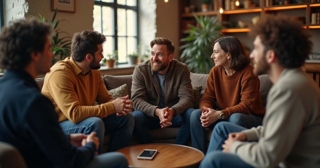 Um grupo de pessoas sentadas em roda contando histórias 