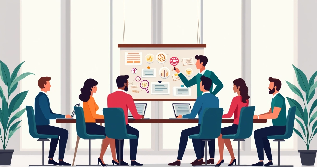 Equipe criando conteúdo educativo com computadores e quadros 