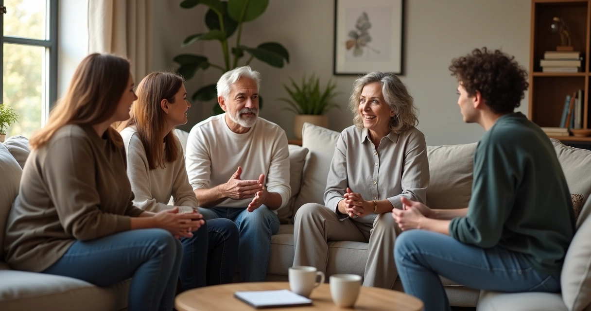 Grupo de adultos conversando em círculo com conexão genuína 