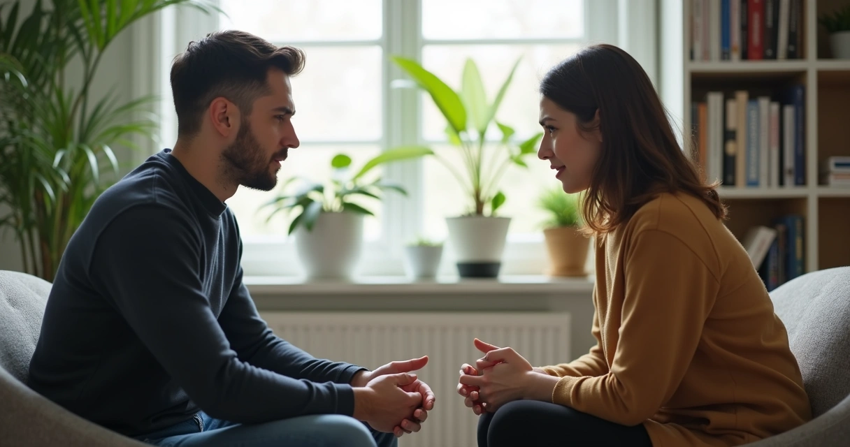 Duas pessoas sentadas frente a frente conversando com expressões sérias, em uma sala iluminada
