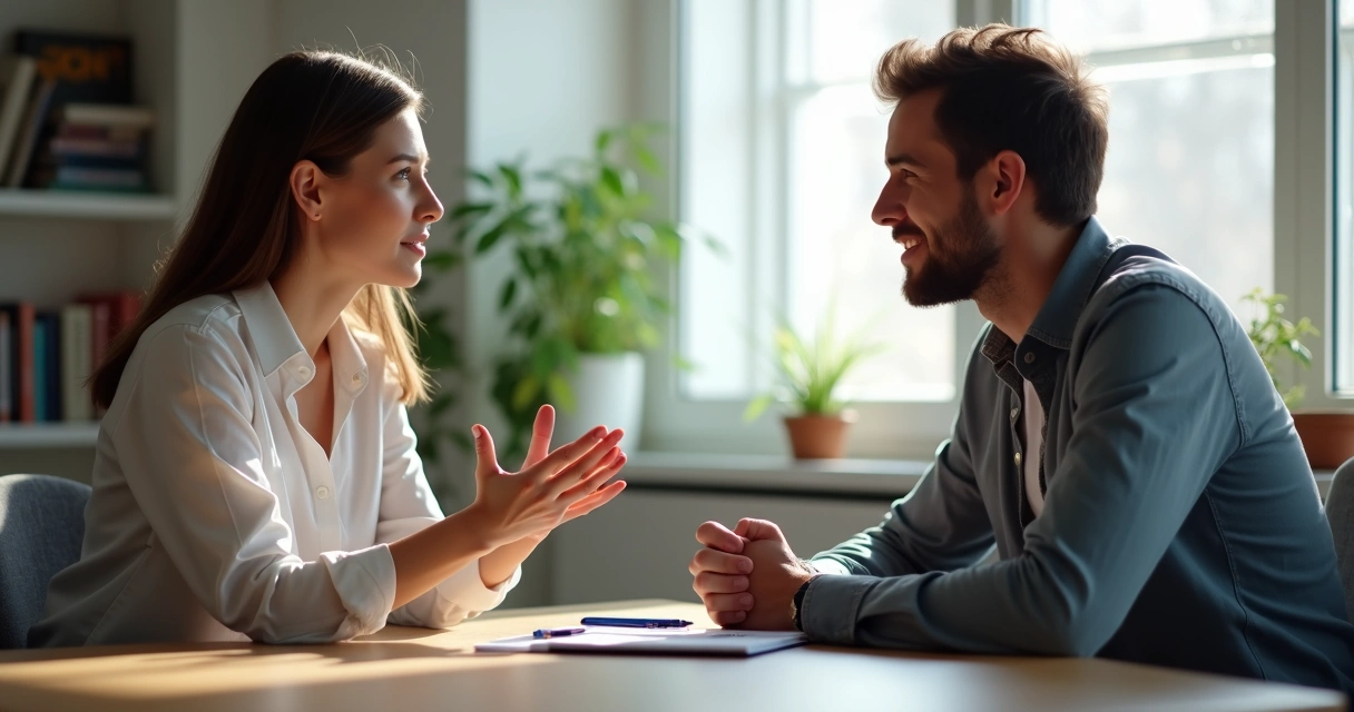 Duas pessoas sentadas de frente conversando em uma sala iluminada, com expressões de escuta atenta 