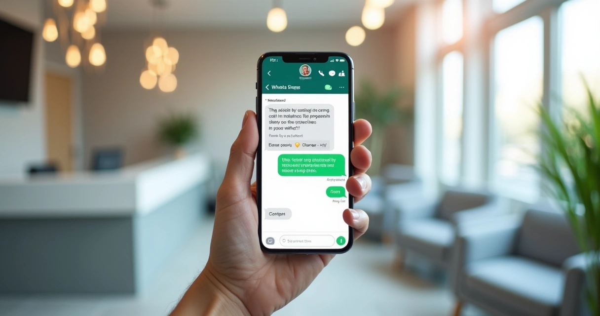 Mão segurando celular com conversa pós-consulta no WhatsApp