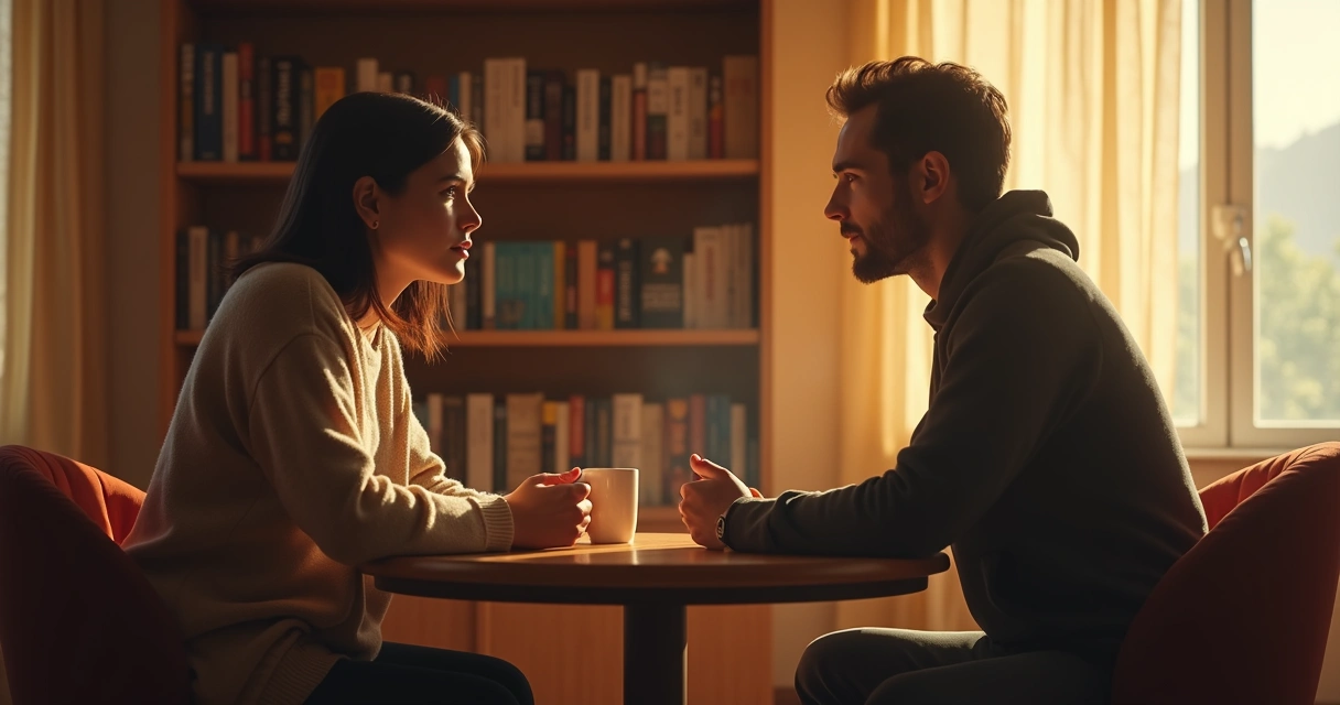 Duas pessoas sentadas conversando, ambiente acolhedor 