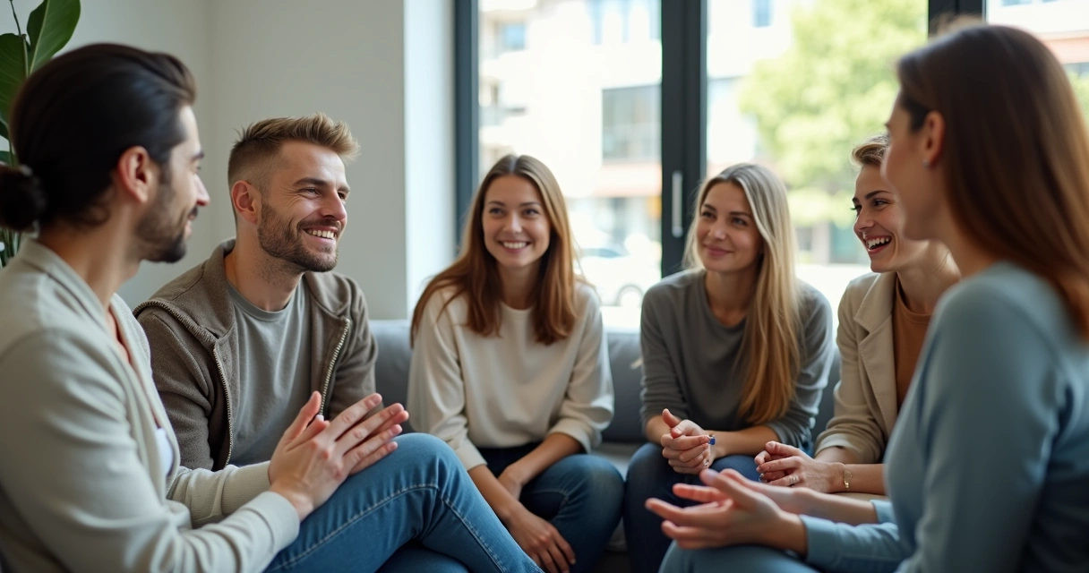Grupo de pessoas conversando sentadas em círculo, expressões atentas e acolhedoras. 