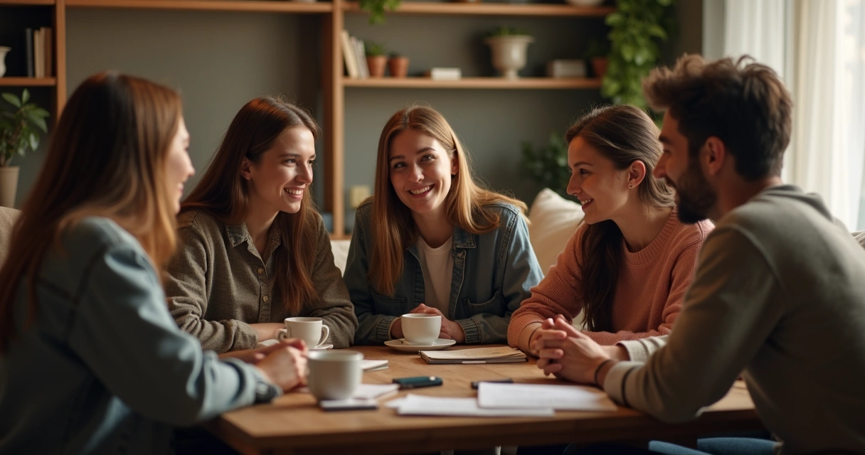Amigos conversando em roda em ambiente acolhedor 